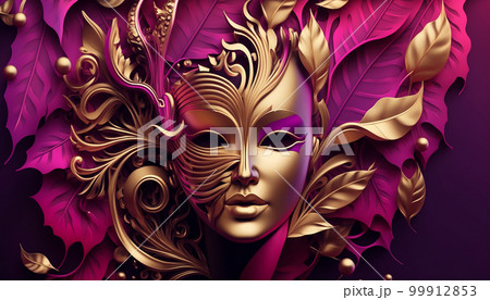 girl in Venice Italy carnival costume and magenta and gold color mask .Generative AI 99912853
