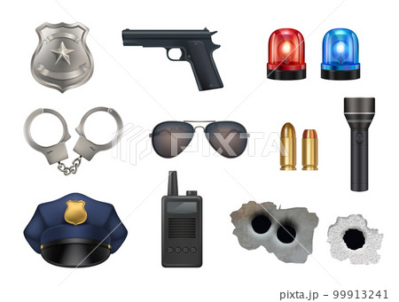 Police station. Cap flashing lights weapons equipment for police station decent vector realistic picture 99913241