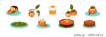 Persimmon Fruit as Ingredient in Fresh Food Vector Set Persimmon Fruit as Ingredient in Fresh Food Vector Set 99913613