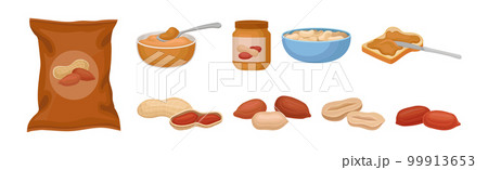 Peanut Product with Butter in Jar and Pack of Snack Vector Set Peanut Product with Butter in Jar and Pack of Snack Vector Set 99913653