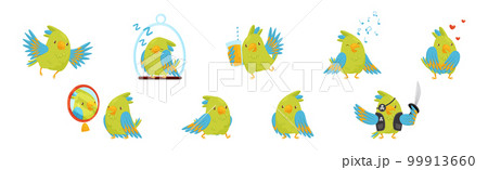 Funny Parrot with Green Feathers in Different Activities Vector Set Funny Parrot with Green Feathers in Different Activities Vector Set 99913660