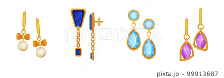 Jewellery or Jewelry Item as Personal Adornment with Earrings and Pendant Ornament Vector Set Jewellery or Jewelry Item as Personal Adornment with Earrings and Pendant Ornament Vector Set 99913687