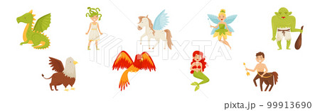 Mythical Creatures with Medusa Gorgon, Fairy, Green Troll, Centaur and Mermaid Vector Set 99913690