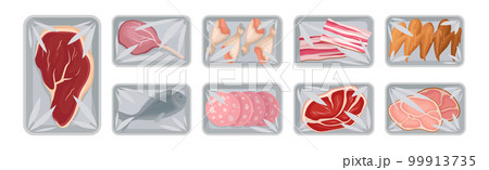 Meat Trays Keeping Food Frozen in Polyethylene Whole Package Vector Set 99913735