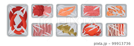 Meat Trays Keeping Food Frozen in Polyethylene Whole Package Vector Set 99913736