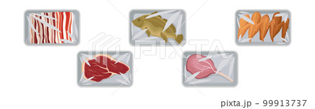 Meat Trays Keeping Food Frozen in Polyethylene Whole Package Vector Set Meat Trays Keeping Food Frozen in Polyethylene Whole Package Vector Set 99913737