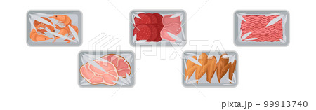 Meat Trays Keeping Food Frozen in Polyethylene Whole Package Vector Set Meat Trays Keeping Food Frozen in Polyethylene Whole Package Vector Set 99913740