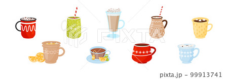 Autumn Hot Drinks in Glass and Mug with Straw Vector Set 99913741