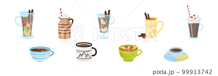Autumn Hot Drinks in Glass and Mug with Straw Vector Set 99913742