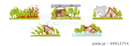 Natural Disaster and Catastrophe with House Damage Vector Set 99913754