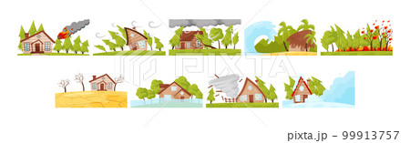 Natural Disaster and Catastrophe with House Damage Vector Set 99913757