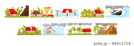 Natural Disaster and Catastrophe with House Damage Vector Set 99913758