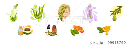 Cosmetic and Essential Oil with Pipette Drop and Woman Face Vector Set Cosmetic and Essential Oil with Pipette Drop and Woman Face Vector Set 99913760