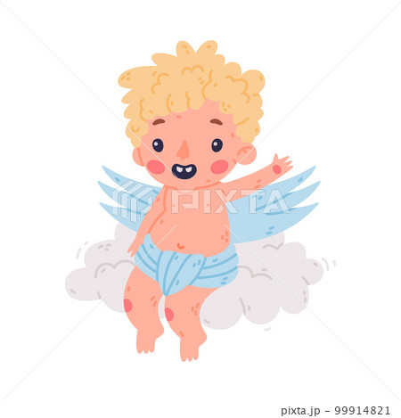 Cute flying baby Cupid. Adorable blond little boy angel character with wings cartoon vector illustration Cute flying baby Cupid. Adorable blond little boy angel character with wings cartoon vector illustration 99914821