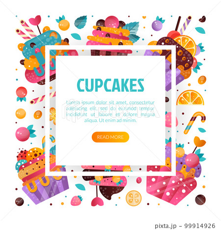 Cupcakes landing page. Confectionery, bakery shop, cafe ad web banner with tasty desserts flat vector 99914926