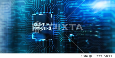 Quantum computing concept. The inscription on 3d Electronic Circuit Board Chip Quantum computing concept. The inscription on 3d Electronic Circuit Board Chip 99915044