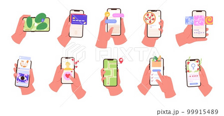 Hands hold smartphones with apps. Online paying, gaming and finance account. Send message and chatting, food order, racy application vector set Hands hold smartphones with apps. Online paying, gaming and finance account. Send message and chatting, food order, racy application vector set 99915489