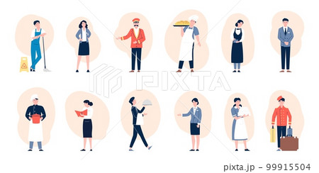 Flat hospitality workers, hotel restaurant team. People wear uniform, baker and waiter, cleaners and porter. Service staff recent vector characters 99915504