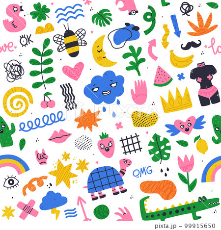 Creative Elements and Doodle Colorful Shapes and Forms Vector Seamless Pattern Template 99915650