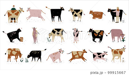 Set of cows. Dairy cattle and farmers caring of farm animals cartoon vector illustration 99915667