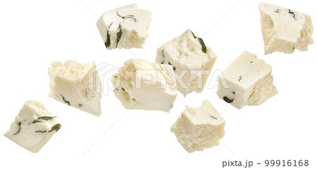 Falling feta pieces isolated on white background Falling feta pieces isolated on white background 99916168