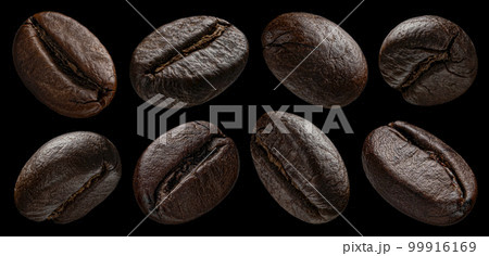 Falling coffee beans isolated on black background 99916169