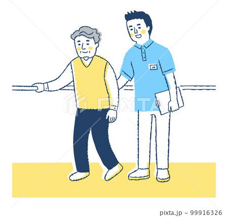 歩行訓練をするシニア男性と介助する男性 99916326