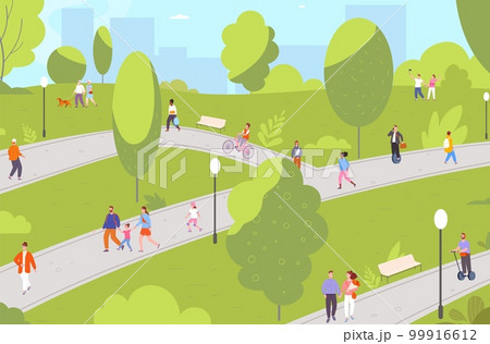 People walking outside city. Crowd person walk in summer or spring city park path, family children recreation on nature bicycle 99916612