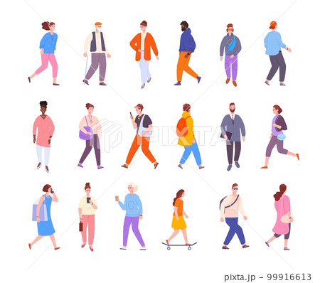 Walking citizens. Fashion people outdoor street walk, city crowd person in casual outfit guy on skateboard woman with bag adult man talk smartphone splendid vector illustration 99916613