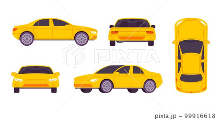 Sedan sides view. Yellow auto car or taxi template side front back top views, drive automobilism concept vehicle parking driver mockup isolated colourful cars vector illustration 99916618