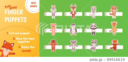 Handmade finger puppets. Child craft cutouts paper puppet toys, kindergarten or preschool education worksheet for activity children, kid zoo animal dolls theatre vector illustration 99916619