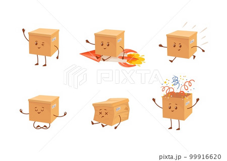 Delivery box mascot. Cartoon parcel characters, funny courier packages cute happy sad face of delivery boxes crumpled post cardboard kawaii kid carton character vector illustration 99916620