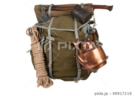 Antique vintage backpack with rope, teapot, brass mug and gas lantern Antique vintage backpack with rope, teapot, brass mug and gas lantern 99917219