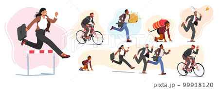 Set Of Business People Characters Take Part In Running Competition. Businessman Holding Glowing Light Bulb 99918120