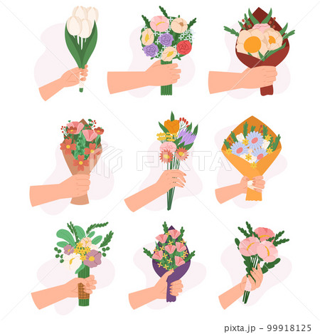 Set of Hands Holding Flower Bouquets Isolated On White Background. Gift Delivery For Holiday, Man Giving Blossoms 99918125