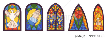 Set Of Gothic Colorful Stained Glass Windows. Old Style Arches With Colorful Dove, Prayer Hands, Cup, Cross, Flower 99918126