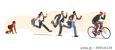 Business People Characters Running Fast Trying To Follow Successful Businessman Riding On Bicycle. Race For Leadership 99918138