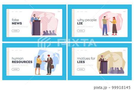 Liars Landing Page Template Set. Characters Communicating and Speaking on Tribune with Shade Of Pinocchio On Wall 99918145