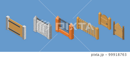 3D Isometric Flat Vector Set of Terrace Fences and Gates 99918763