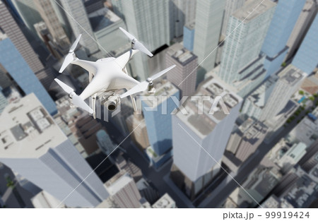 Unmanned Aircraft System Quadcopter Drone In The Air Above City and Corporate Buildings. 99919424