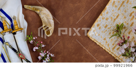 Jewish holiday of Passover is significant celebration is kosher unleavened matzah bread on table 99921966
