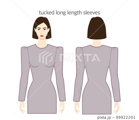 Tucked sleeves long length clothes character beautiful lady in grey top, shirt, dress technical fashion illustration 99922201