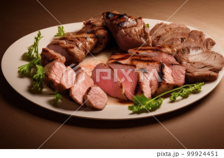Sliced beef steak grilled meat with green parsley on white plate on brown table background Sliced beef steak grilled meat with green parsley on white plate on brown table background 99924451