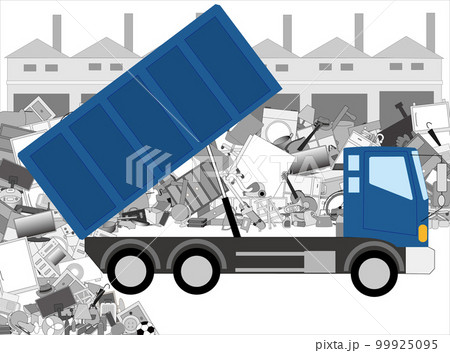 家庭の粗大ごみなどがダンプカーで運搬されたイメージのイラスト素材。 家庭の粗大ごみなどがダンプカーで運搬されたイメージのイラスト素材。 99925095