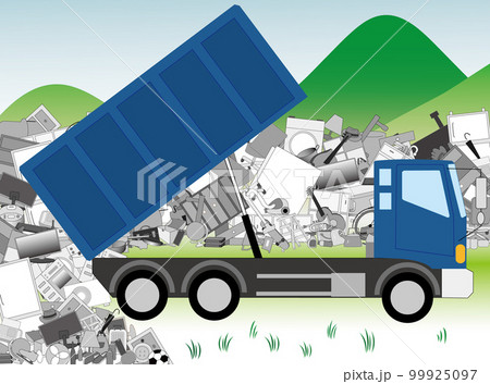 家庭の粗大ごみなどがダンプカーで運搬されたイメージのイラスト素材。 家庭の粗大ごみなどがダンプカーで運搬されたイメージのイラスト素材。 99925097