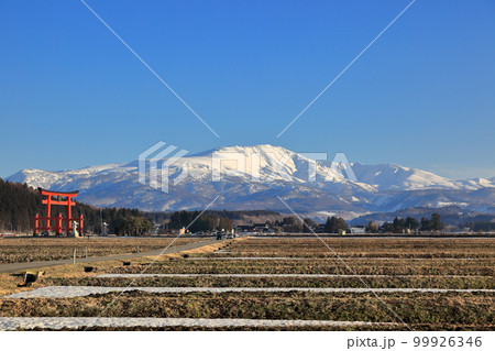 庄内平野の三月風景　羽黒山大鳥居と月山 99926346