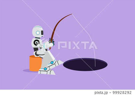 Graphic flat design drawing of robot sit and holding fishing rod from hole. Make money from idea. Future technology. Artificial intelligence machine learning process. Cartoon style vector illustration 99928292