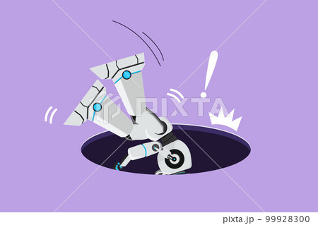 Cartoon flat style drawing robot falling into pit hole. Legs up. Protruding leg from hatch, puddles. Tech business failure metaphor. Robotic artificial intelligence. Graphic design vector illustration 99928300