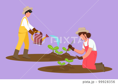 Cartoon flat style drawing couple farmers planting tree. Woman plant seeds and man holding watering can. Gardeners working in garden. Agricultural gardening concept. Graphic design vector illustration 99928356