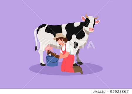 Graphic flat design drawing female farmer milking a cow in the bucket. Breeding cows. Ranch or farm. Livestock or cattle. Production of dairy products at the meadow. Cartoon style vector illustration 99928367